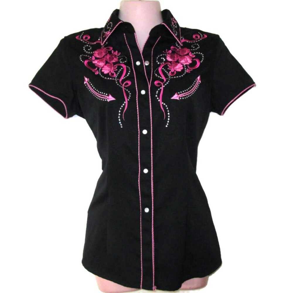 panhandle slim cowgirl pink black rhinestone western shirt size small